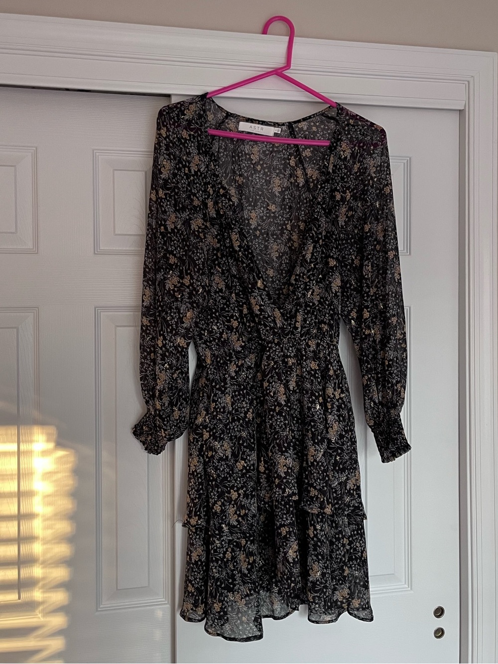 Astr Black Floral Long Sleeve Faux Wrap Dress